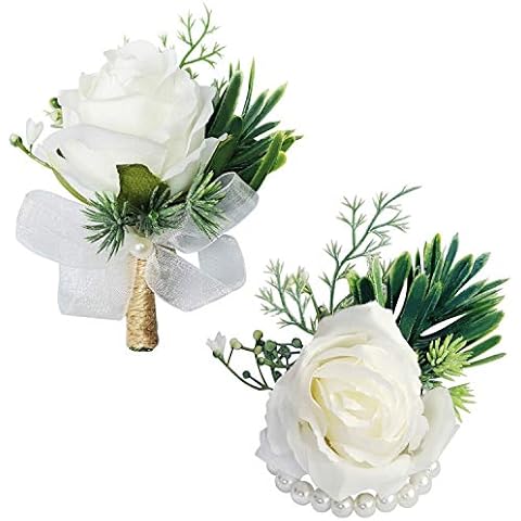 WEIERYUE White Rose Wrist Flowers and Men's Corsage Wedding Flowers Ceremony,2Pcs Boutonniere Buttonholes and Wrist Corsage Wristband Roses Wrist Corsage(White Rose Set) Cover