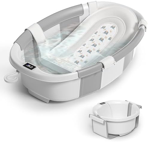 Himold Collapsible Baby Bathtub for Newborn to Toddler 0-36 Months, Spacious Foldable Infant Bath Tub with Thermometer, Cushion & Drain Hole, Portable Travel Tub Grey