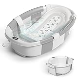 Himold Collapsible Baby Bathtub for Newborn to Toddler 0-36 Months, Spacious Foldable Infant Bath Tub with Thermometer, Cushion & Drain Hole, Portable Travel Tub Grey