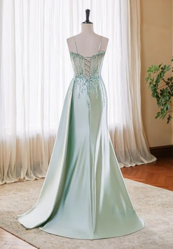 Sparkly Beaded Satin Prom Dresses with Slit Lace Appliques Spaghetti Strap Long Mermaid Evening Gown3