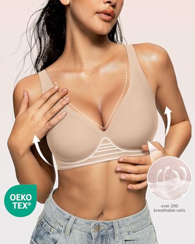 Image of OEAK Womens Deep V Bras Wireless Comfortable Bra Supportive No Underwire Bras Tshirt Push Up Bralettes Plunge Seamless Bra
