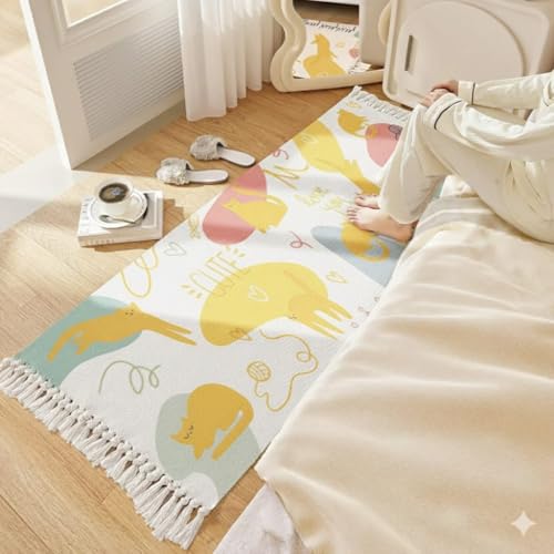 Image of Hand Woven 100% Natural Cotton Export Quality Designer Rug,Carpet, Bed Side Runner for Bedroom,Living Room, Size-2x5 feet or 60 cms x 152 cms (Yellow Cat)