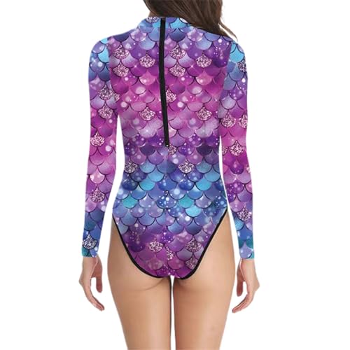 Generisch Traje de baño de sirena de manga larga para mujer, traje de baño con estampado de escamas de pescado, traje de baño sexy de una pieza, traje de baño de sirena, traje de baño con brillo para