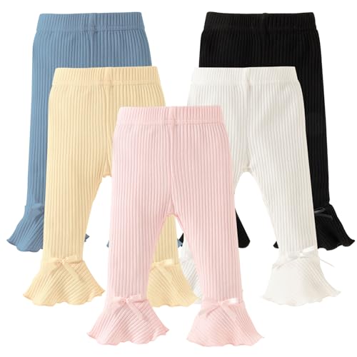 Image of DREAM BUS 5 Pack Baby Pants Toddler Girl Ribbed Ruffle Bell Bottoms Toddler Leggings Baby Boy Pants Newborn Girl Flare Pants