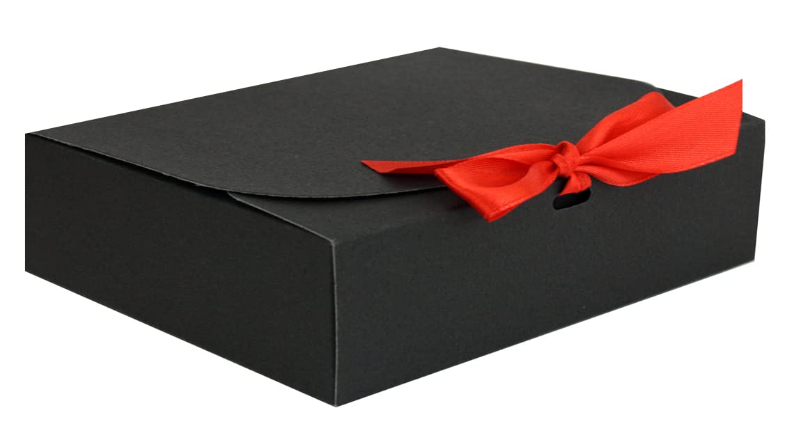 Emartbuy Black Kraft Gift Box with Red Ribbon – 24 x 19.5 x 7 cm – Fits Perfume, Beauty Sets & Small Gift Hampers – Birthdays Weddings Christmas Corporate Gifting Trade Wholesale – Pack of 12