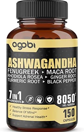 Ashwagandha Extract Capsules 7 Herbal Ingredients 8050 mg - Blended Fenugreek, Maca, Turmeric, Rhodiola, Ginger & Black Pepper - Sleep, Spirit, Immune & Energy Support - 5-Month Supply