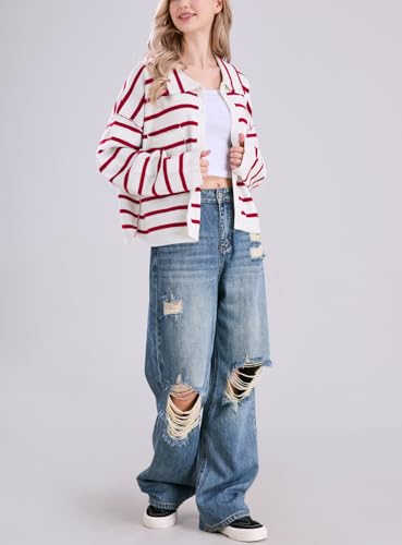 Image of chouyatou Women's Button Down Striped Cardigan Sweater Polo Collar Open Front Knit Jacket 2024 Fall Outfits