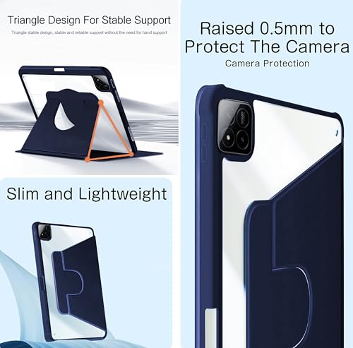 Image of TGK Rotating Case for Xiaomi Mi Pad 7 11.2 inch /Pad 7 Pro with Pencil Holder Trifold Stand Cover Clear Back (Dark Blue)
