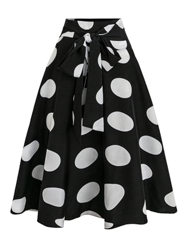 OYOANGLE Women's Polka Dots Ruffle Midi Skirt Bow Tie High Waisted Elegant A Line Skirts