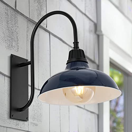 Image of JONATHAN Y 12.25 inch Navy /Black 1-Light Farmhouse Gooseneck Outdoor Wall Sconce Lamp, with Black Metal Bowl Shade, Industrial Iron LED Porch Light for Patio Garage Entryway (JYL7614C)