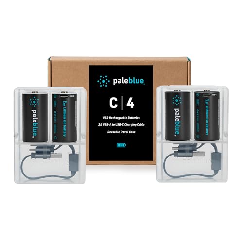 Rechargeable C Batteries with USB Charger by Pale Blue, Lithium Ion 1.5v 2800 mAh, Charges Under 3.5 Hours, Over 1000 Cycles, 2-in-1 USB to USB-C Charging Cable, LED Charge Indicator, 4-Pack