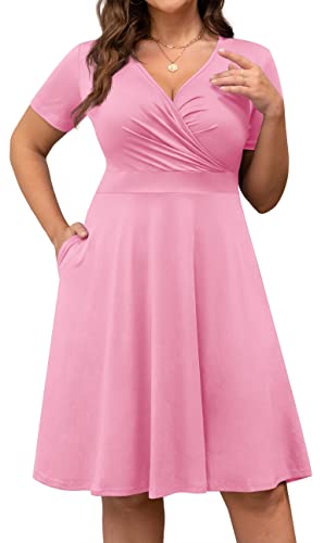 Image of POSESHE Womens Plus Size Dresses Summer Short Sleeve Wrap V-Neck Sundress Casual Wedding Guest Cocktail Dress with Pockets