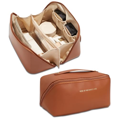 Waterproof PU Leather Makeup Pouch Bag – Open Flat Travel Toiletry Kit & Cosmetic Organizer for Women, Multipurpose Vanity Pouch for Makeup, Skincare, Medicines & Jewelry (Brown)​