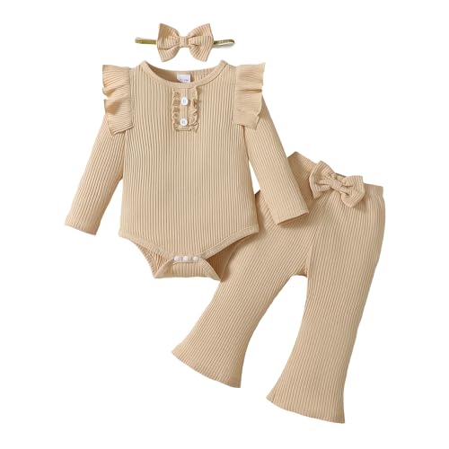 Infant Baby Girls Outfit Cute Ruffle Sleeve Ribbed Knit Romper Bodysuit and Flare Pants Clothes Set 3 Piece