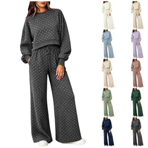 XINGJIAARTS Polka Dots Outfits Women 2 Piece Cropped Top Wide Leg Pant Sets Sweatshirts Jogger Matching Tracksuits Loungewear - image 1