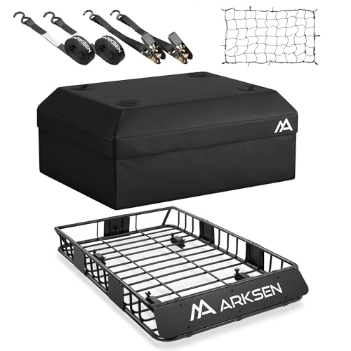 ARKSEN 54 x 34 x 6 Inch Universal Roof Rack with Extension, 600D Waterproof Bag, 2 Ratchet Straps&Net, 150 LBS Capacity Heavy Duty Rooftop Cargo Baske