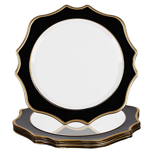 Maoname 13" Black Charger Plates Set Of 6, Scallop Plate Chargers With Gold Rim, Round Chargers For Dinner Plates, Plastic Chargers For Table Setting, Wedding Decor #TOP25