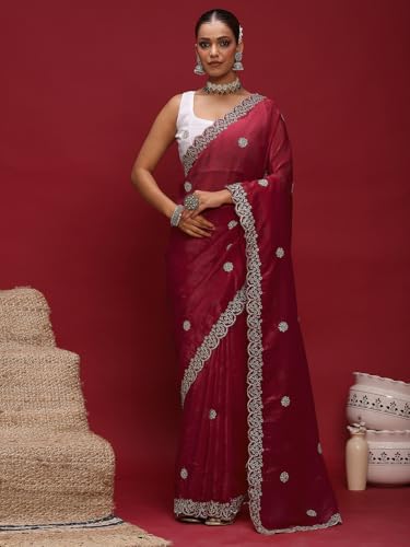 Image of AKHILAM Women's Tissue Embellished Saree With Unstitched Blouse Piece (RANI4701 RN Parent)