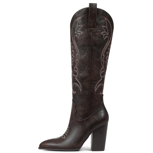 Image of VOMIRA Knee High Cowboy Boots for Women Pointed Toe Chunky High Heels Pull-on Embroidered Boots Western Boots Wide Calf Cowgirl Boots