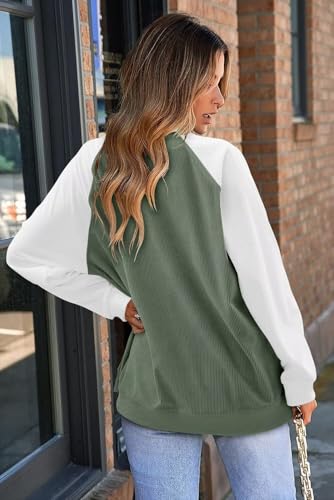 KISSMODA Women's Casual Long Sleeve Sweatshirt Color Block/Solid Crewneck Corduroy Pullover Cute Tops