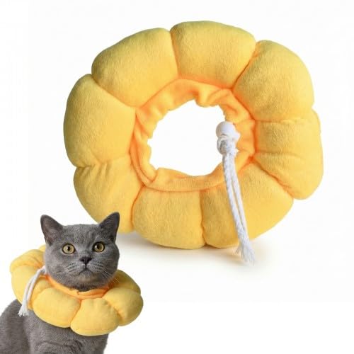 Merzio Soft Cat Cone Collar Adjustable Recovery Collar for Cats Kittens, Cute Neck Cone for After Surgery, Anti-Bite Lick Wound Healing, Breathable Cotton Protective Elizabeth Collar (Yellow)