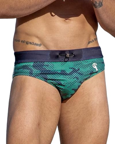 Striped Green Camo Swim Trunks - 3in, 5in, 7in, Men's Swimwear (as1, Alpha, l, Regular, Regular, Briefs, Green Camo)