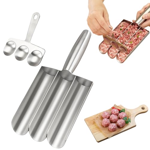 Triple Tube Stainless Steel Meatball Maker with Bonus Scraper - Non-Stick Meatball Scoop Tool for Beef,Chicken, Fish Balls and Cake Pops - Dishwasher Safe