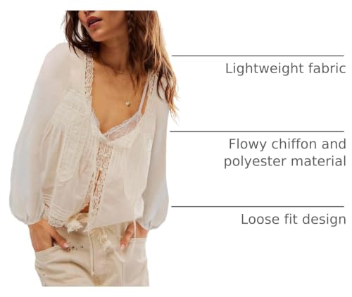 Image of Women Summer Sheer Tie Front Top Y2k Peplum Chiffon Blouse Eyelet Long Sleeve Flowy Lace Beach Cover Up Boho Tops