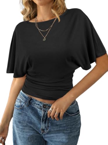 Remidoo Womens Cinched Waisted Tops Batwing Short Sleeve Tee Ruched T Shirt Black Small