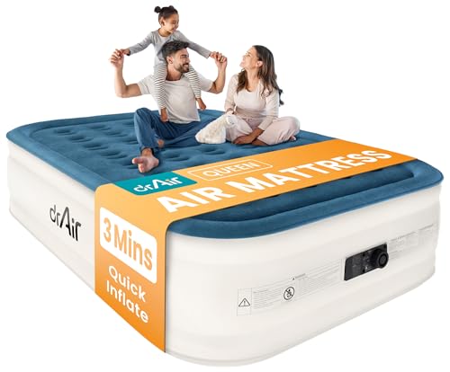Dr. air Queen Air Mattress with Built-in Pump, 18' Raised Blow Up Mattress, 800 lbs Max Honeycomb Air Bed, 48Hr Leak-Proof Test, 3min Inflatable Mattress for Home, Guests, Camping, Colchones inflables