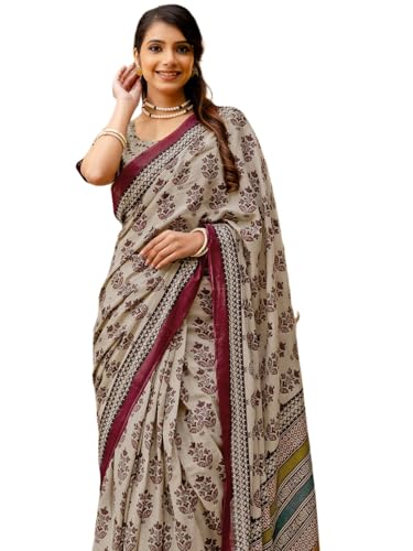 Image of SIRIL Women's Printed Ready to Wear Mul Cotton Saree With Unstitched Blouse Piece