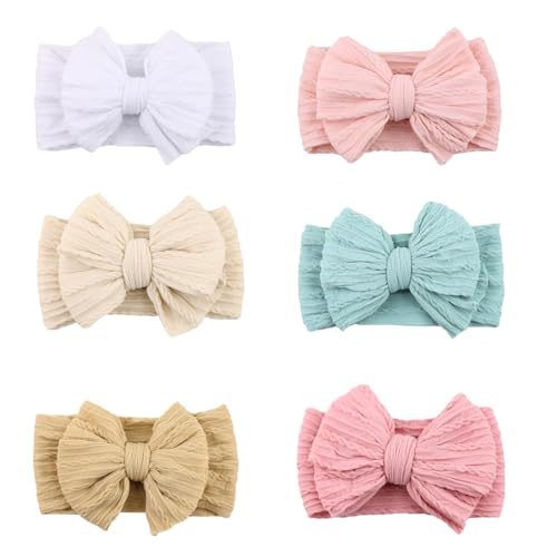 Image of ZURLEFY Stretchy Headbands with Bows for Newborn, Infant and Toddler Girls, Beige Unisex Head Wraps (6 Pack, 03H-09)