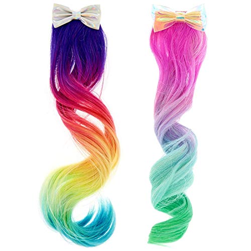 Amerla AL Curly Colored Hair Extensions For Kids Rainbow Ombre Ponytail Extension Fake Hair Barrettes Party Hair Accessories 2 Pack cover