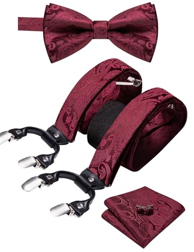 Image of YOHOWA Men Suspenders 6 Clips Strength Adjustable Y Braces Pre-Tied Bow Tie Set Formal Wedding Party