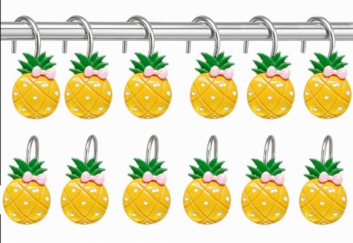 Image of Pineapple Shower Curtain Hooks Set of 12, Cute Tropical Resin Decorative Hooks for Bathroom Curtain Rings, Fruit Theme Home Bathroom Decor Accessories