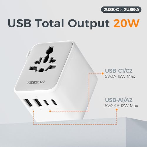 TESSAN Universal Travel Adapter, International Power Adapter with 2 USB C 2 USB A Ports, Travel Plug Adaptor Worldwide for US to Europe UK Italy Ireland Australia France Germany(Type C G A I) - Image 5