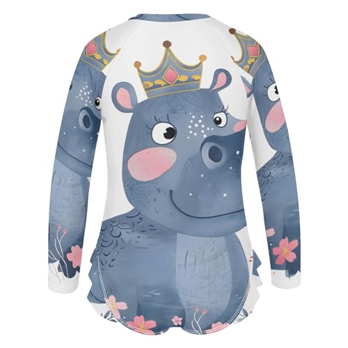Princess Hippo with Leaf Girls Long Sleeve Swimsuit Rash Guard One Piece Bathing Suits Zipper 3-12T3