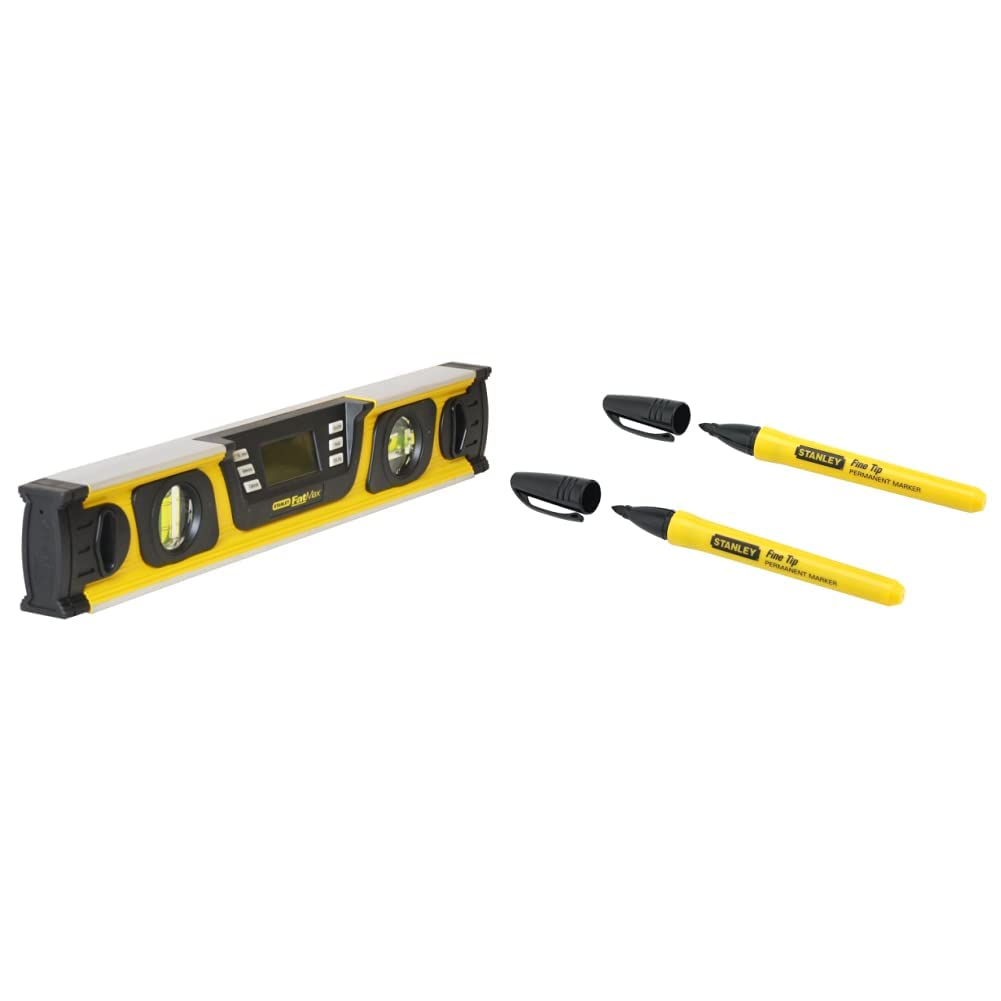 Stanley 0-42-063 Niveau Tubulaire Digital - Gamme Fatmax & 0-47-316 marqueur pointe fine Plastique- Capuchon etanche - Compacte - Indélibile Résiste à l'Eau et à l'Huile - Carte 2 pièces
