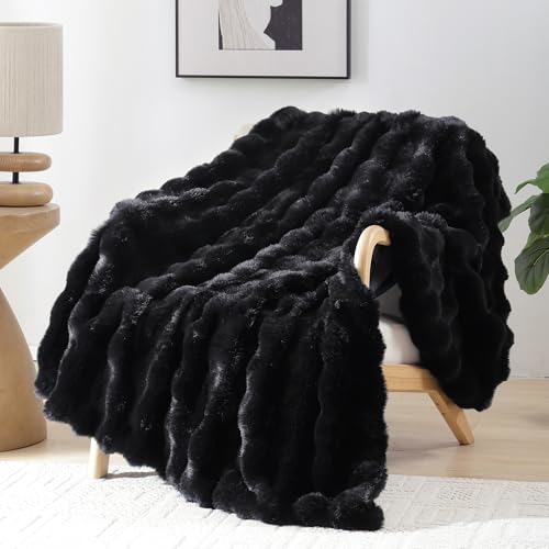 Smoofy Faux Fur Throw Blanket for Couch – Black Fluffy Cozy Rabbit Fleece, Plush Soft Bubble Blanket for Sofa & Bed, for Mom, Warm Fuzzy Home Room Decor Throw 50" x 60"