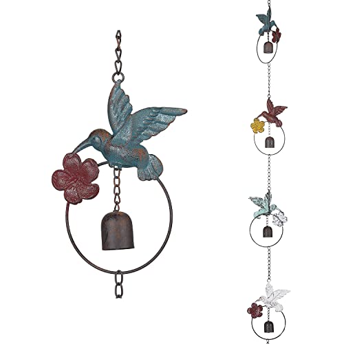 Jemeni 8.5' Length Flamed Hummingbird and Bell Rain Chain, Hanging Outdoor Garden Ornament, Colorful……
