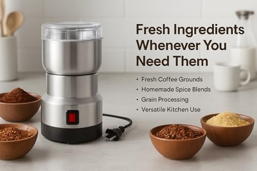 Image of Drumstone 𝟱 𝗬𝗲𝗮𝗿 𝗪𝗮𝗿𝗿𝗮𝗻𝘁𝘆 Domestic Stainless Steel Mixer Grinder for Coffee, Dry Spices, Herbs, Nuts & Grains | High-Speed Electric Grinding Machine | Multipurpose Kitchen Grinder|Silver