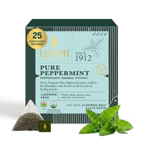 Image of Luxmi Estates Pure Peppermint Tea, 25 Tea Bags (50g, 1.76oz) | USDA Organic Single-Ingredient Whole Leaf Peppermint | Caffeine-Free Herbal Infusion for Digestion, Refreshment & After-Dinner Sipping, Vegan & Non-GMO