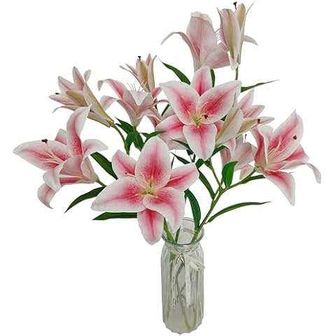ARTIFIPLANT Artificial Lily Flowers,4 Pcs Faux Lily Flowers,32.5 Inch Long Stem Tiger Lily Branch with 2 Full Blooms and 1 Bud, Latex Real Touch Lilium Flower for Wedding Bouquet (4, Pink) Cover