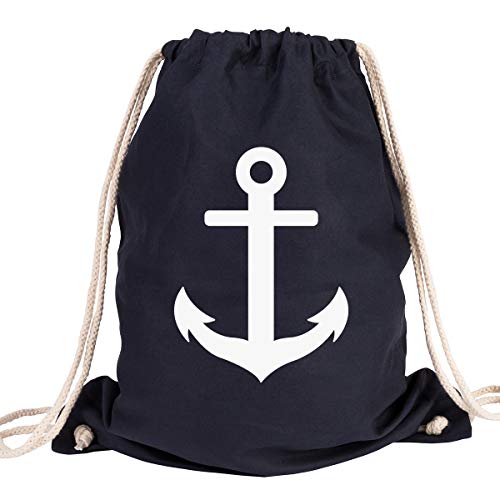 JUNIWORDS Turnbeutel - Wähle ein Motiv & Farbe - "Anker" (Beutel: Marine Blau, Text: Weiß)