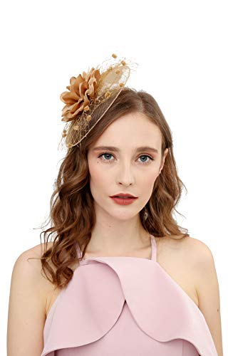 Cizoe Fascinators Hats for Womens 50s Headwear with Veil Flower Cocktail Wedding Tea Party Church Derby Hat (1A-Gold)