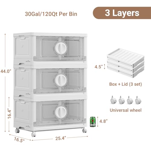 Image of BROVIEW 360Qt Lockable Stackable Storage Bins with Lids, Closet Organizers and Storage Drawer, Collapsible Storage Bin with Wheels, Plastic Cabinet for Toy Clothes Dorm Organizer, V9 3 Pack White