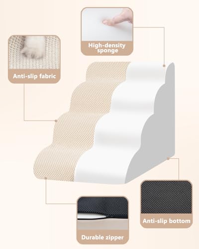 Dog Stairs Ramp for Bed and Couch,4 Step Dog Steps for Small Dogs,Pet Stairs with Non-Slip Bottom for Old Cats,Indoor Pet Steps,Comfort,Durable,17.4" H,Beige - Image 6