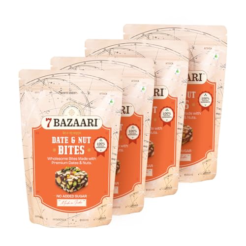 Image of 7 BAZAARI Date & Nut Bites - Dates Sweet with Pistachios, Cashews, Almonds, Honey & Pure Ghee Healthy Dry Fruit Barfi No Added Sugar, Gluten-Free Snack, Natural Energy Bites 10pcs-15g each Pack of 4