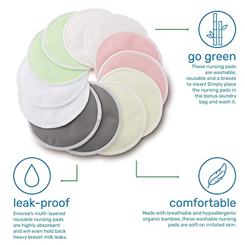 Enovoe Organic Bamboo Nursing Pads With Laundry Bag - Washable, Reusable, And Hypoallergenic Breastfeeding Pads For Ultimate Protection - Contoured, Thin, And Super Soft - Multi Color - Pack Of 12 #TOP4