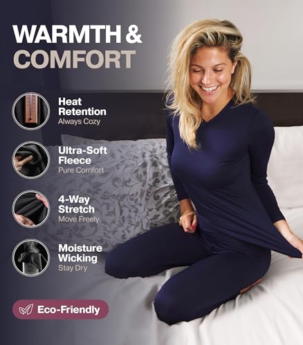Image of Thermajane Long Johns V Neck Thermal Underwear for Women Fleece Lined Base Layer Pajama Set Cold Weather (Navy, Medium)